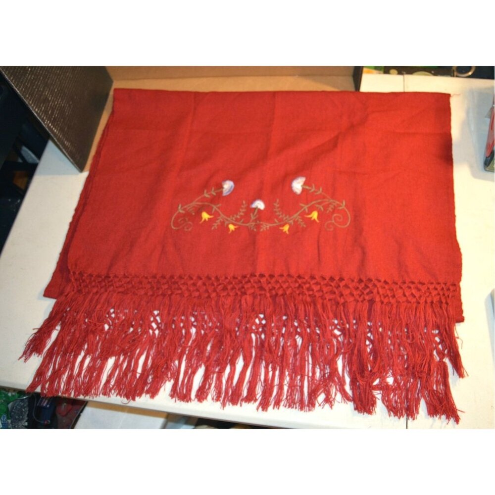 Flower Embroidered Dark Red Burgundy Scarf Wrap w/ Fringe Classic ~80" x 28"